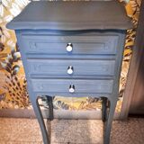 1950 bedside table in painted wood, trench grey color, renovated, 3 drawers