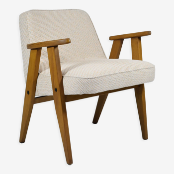 Original 366 armchair, designer J. Chierowski, 1960s icon, restored, cream fabric, teak wood