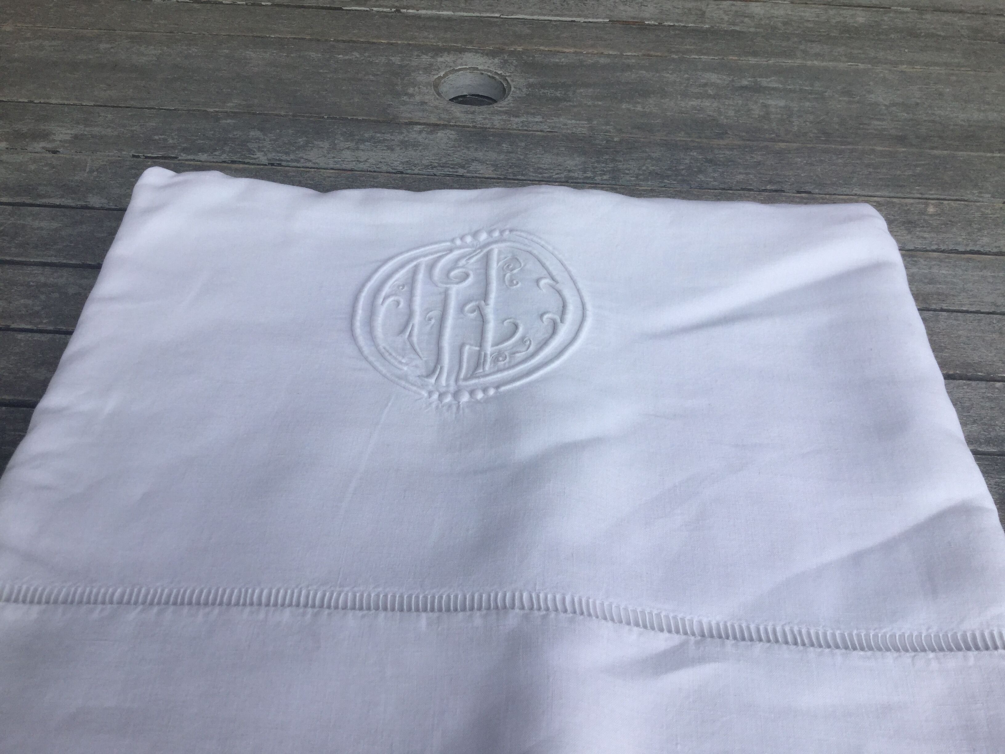Old linen sheet/ MD monogram embroidered cotton