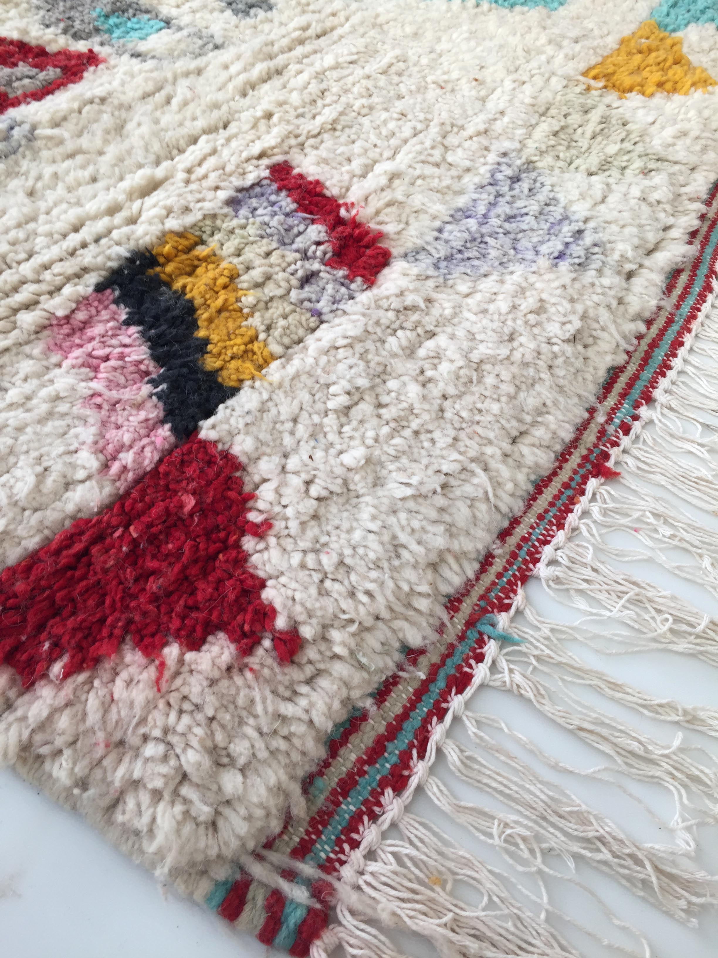 Moroccan Berber carpet Boujaad ecru with colorful patterns 263x185cm