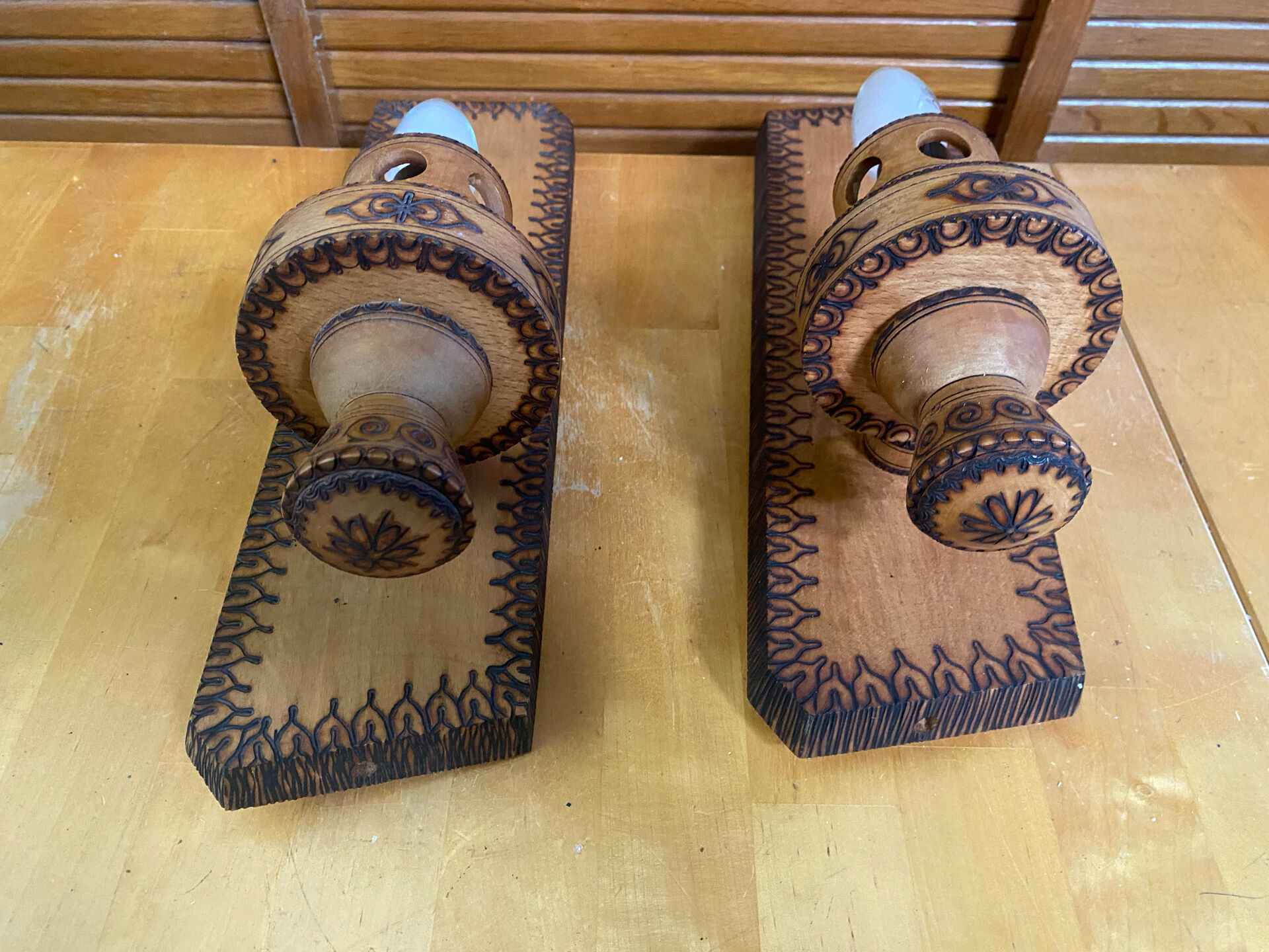 Pair of Vintage Pyrographed Wood Torch Wall Lights Mountain Style #