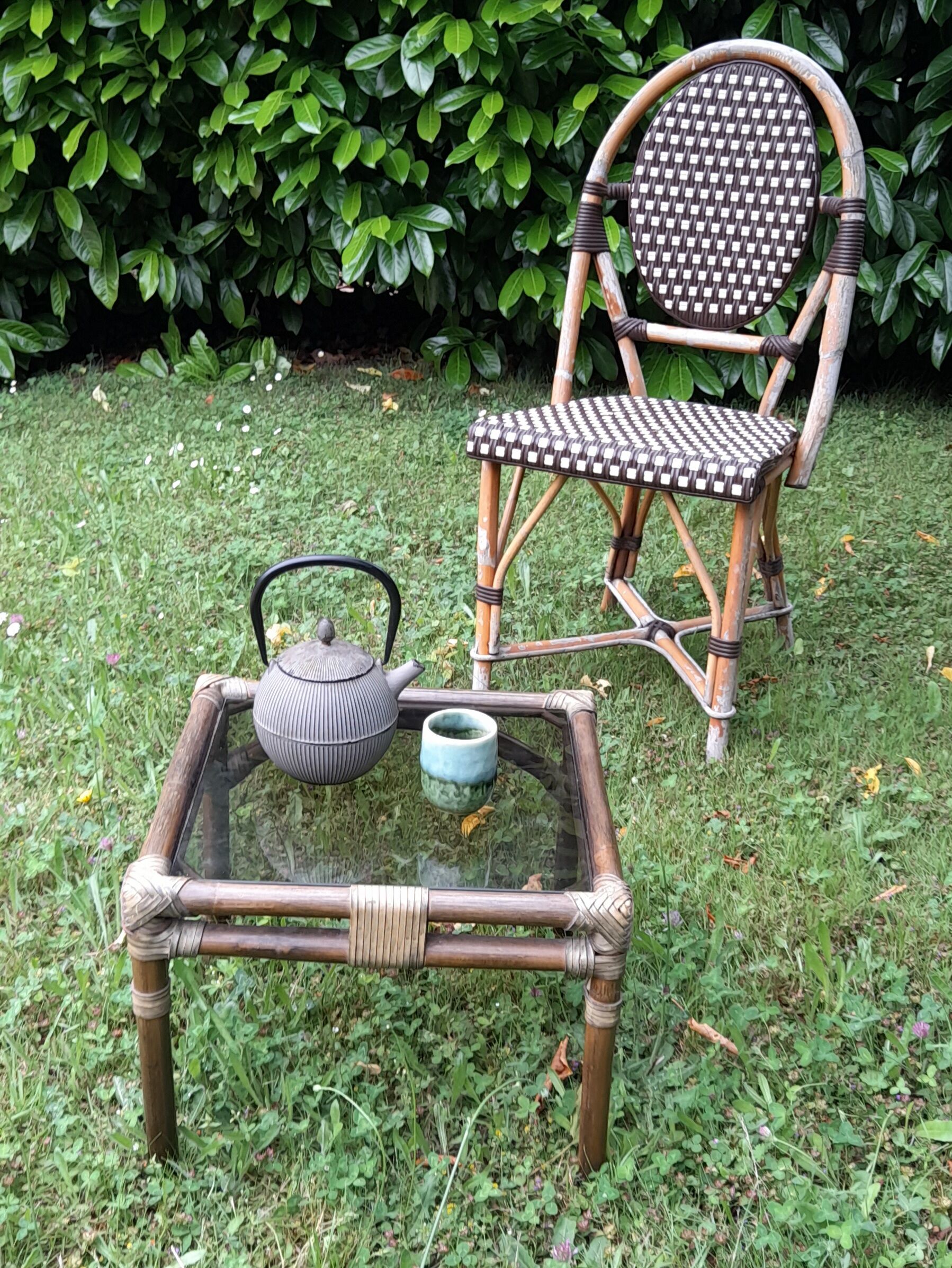 Square coffee table bamboo and smoked glass, vintage