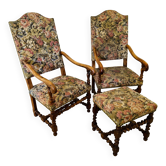 Pair of antique armchairs in Henri II / Neo-Renaissance style + footrest