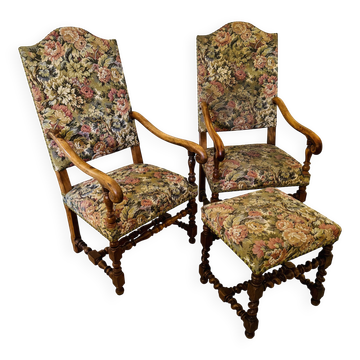 Pair of antique armchairs in Henri II / Neo-Renaissance style + footrest