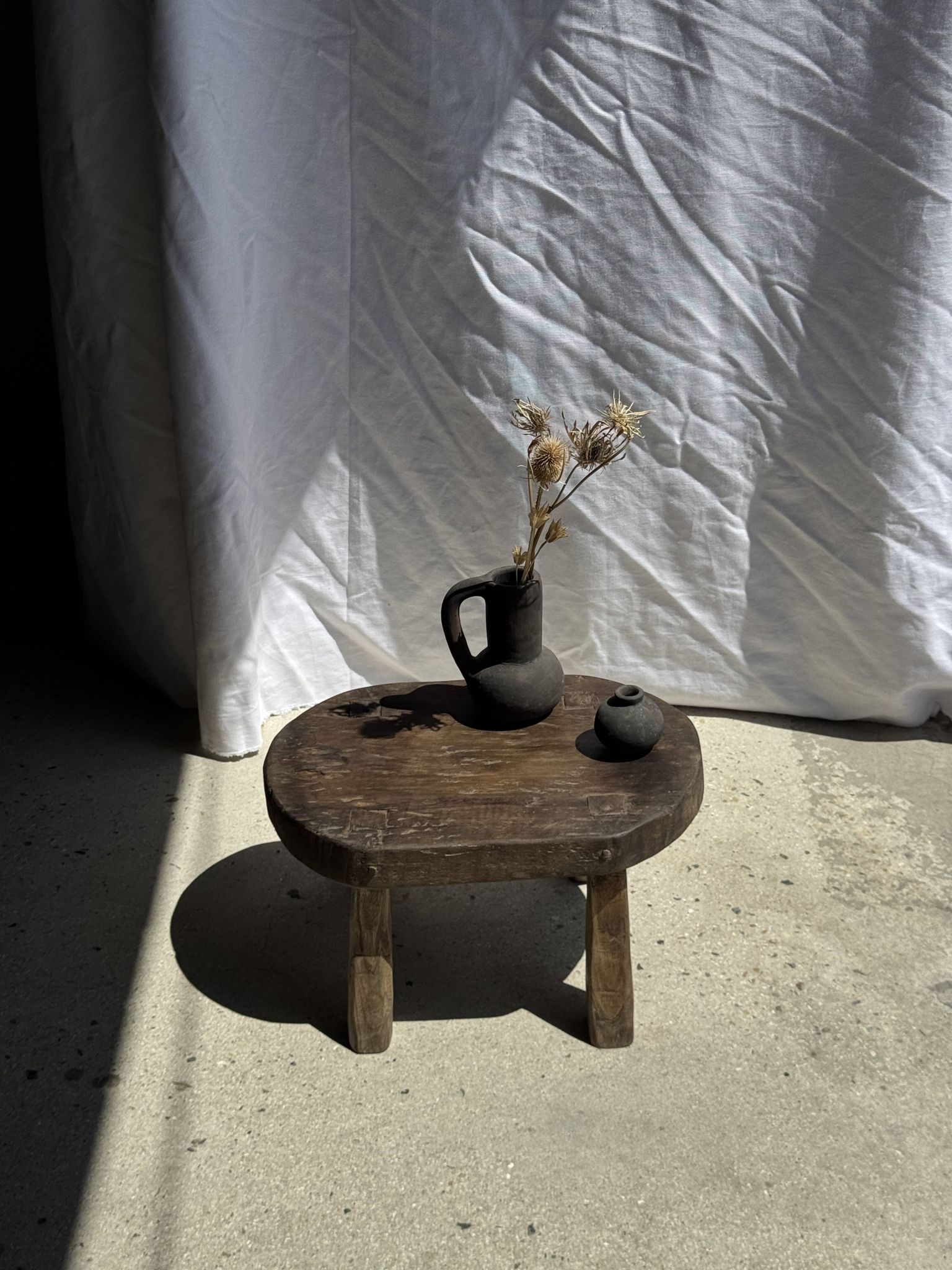 Small stool, oval solid teak accent stool wabi-sabi H26 47x33.