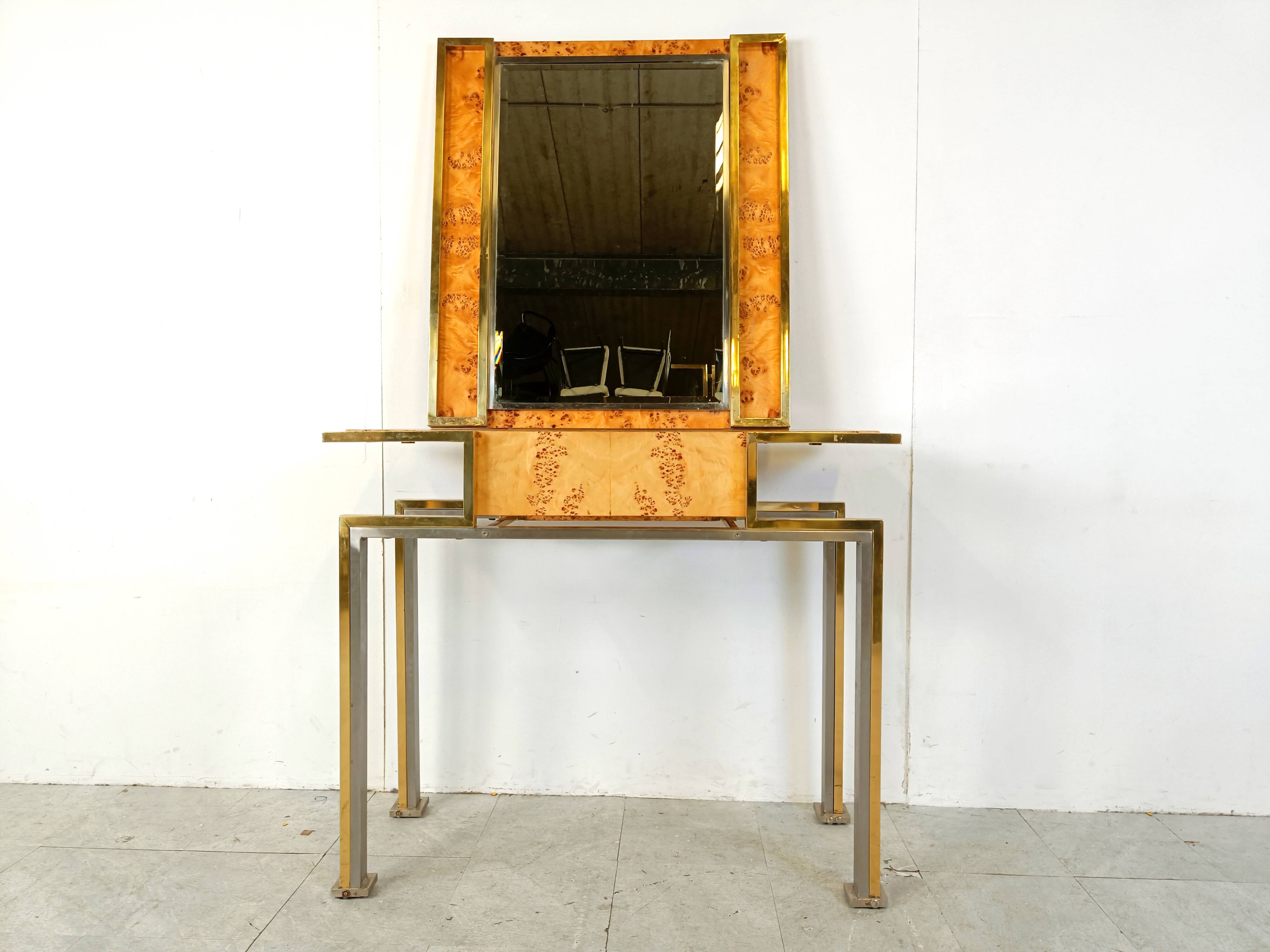 Vintage burl wood console with mirror, 1970s