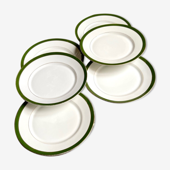 6 assiettes plates en porcelaine blanche verte et dorée