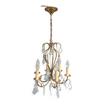 Remarquable lustre cage 6 feux à pampilles de cristal complet en état de marche