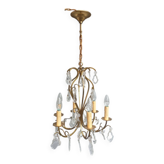 Remarkable 6-light cage chandelier with crystal pendants, complete in working order