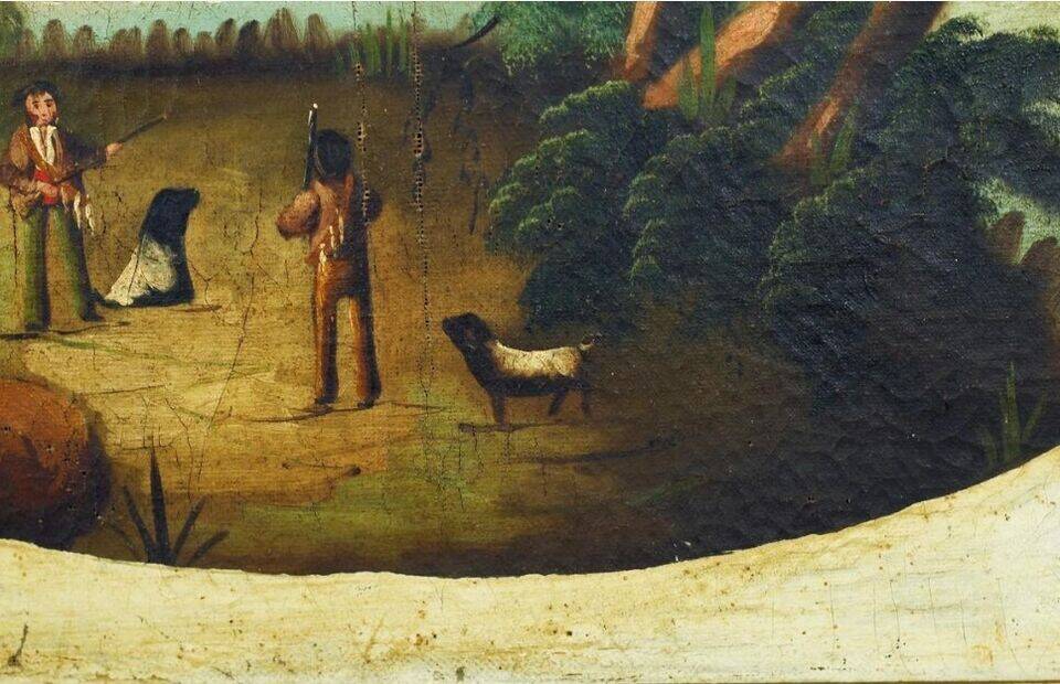 Peinture à l'huile ancienne Paysage avec bord de rivière animé, Italie 19ème siècle.