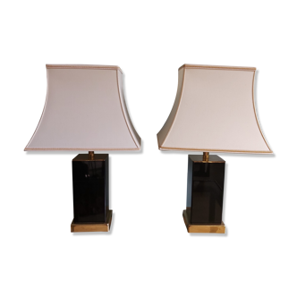 Pair of Pagoda lamps in black lacquered metal and brass, 70s
