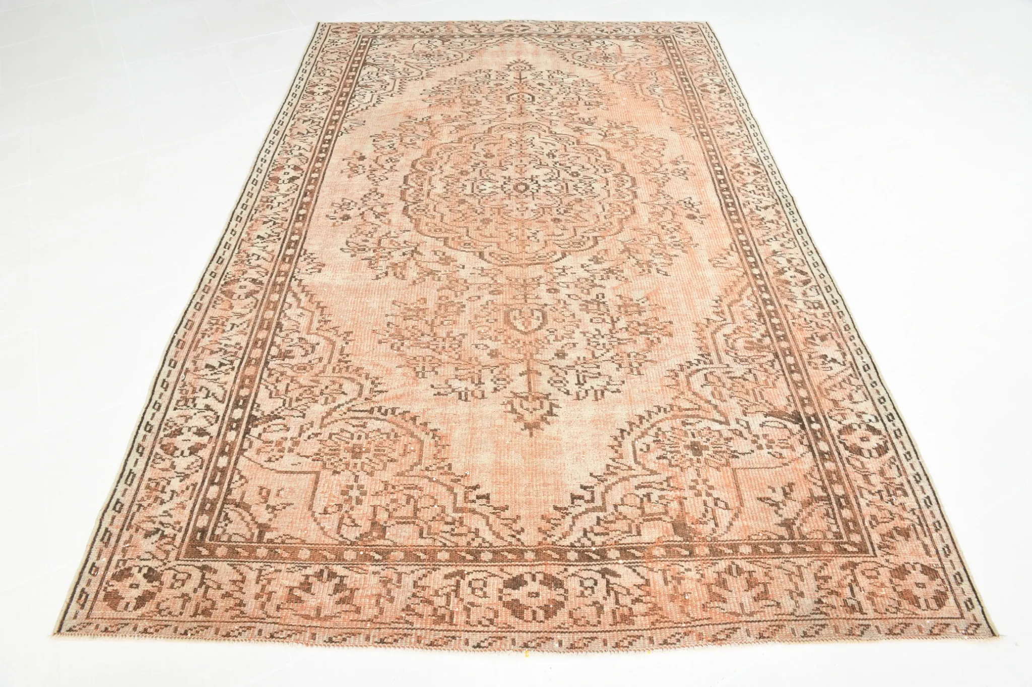 Vintage Persian Peach & Brown Rug, Oriental Pattern Rustic Carpet, 187x292