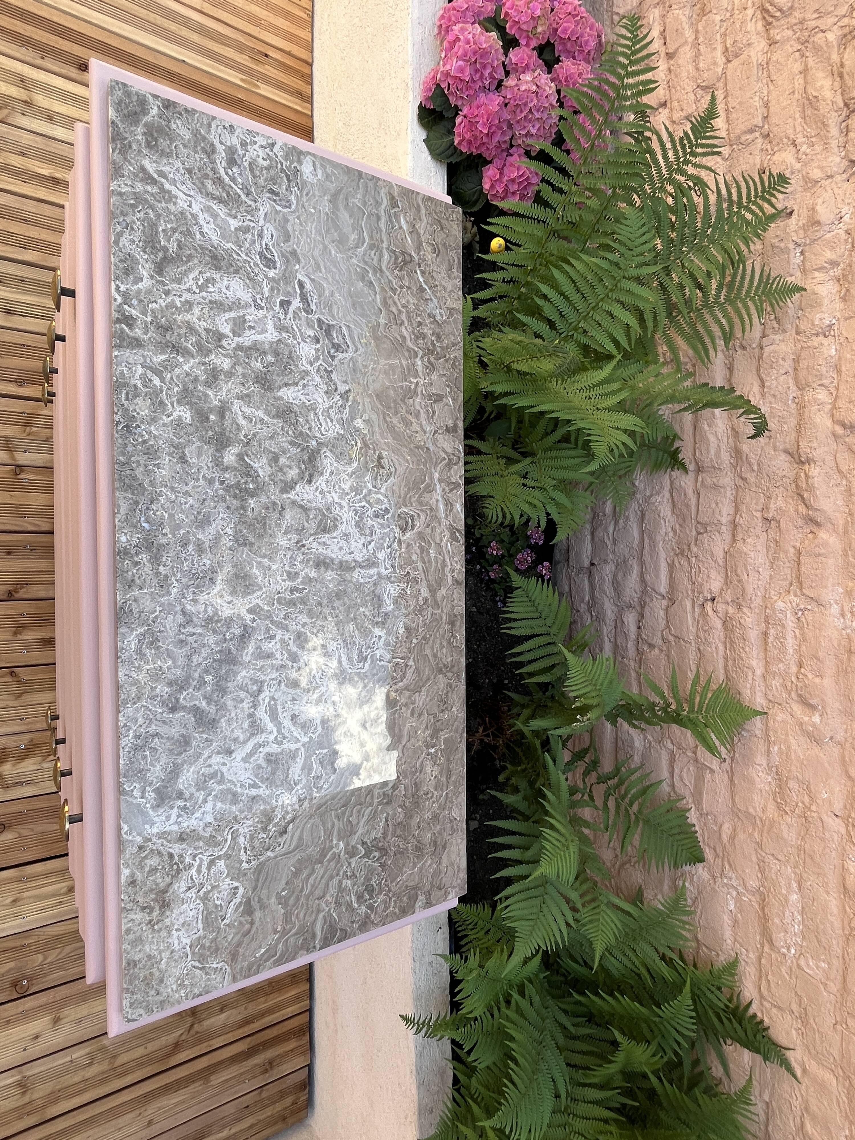 Pink wood and marble chest of drawers, 1950s