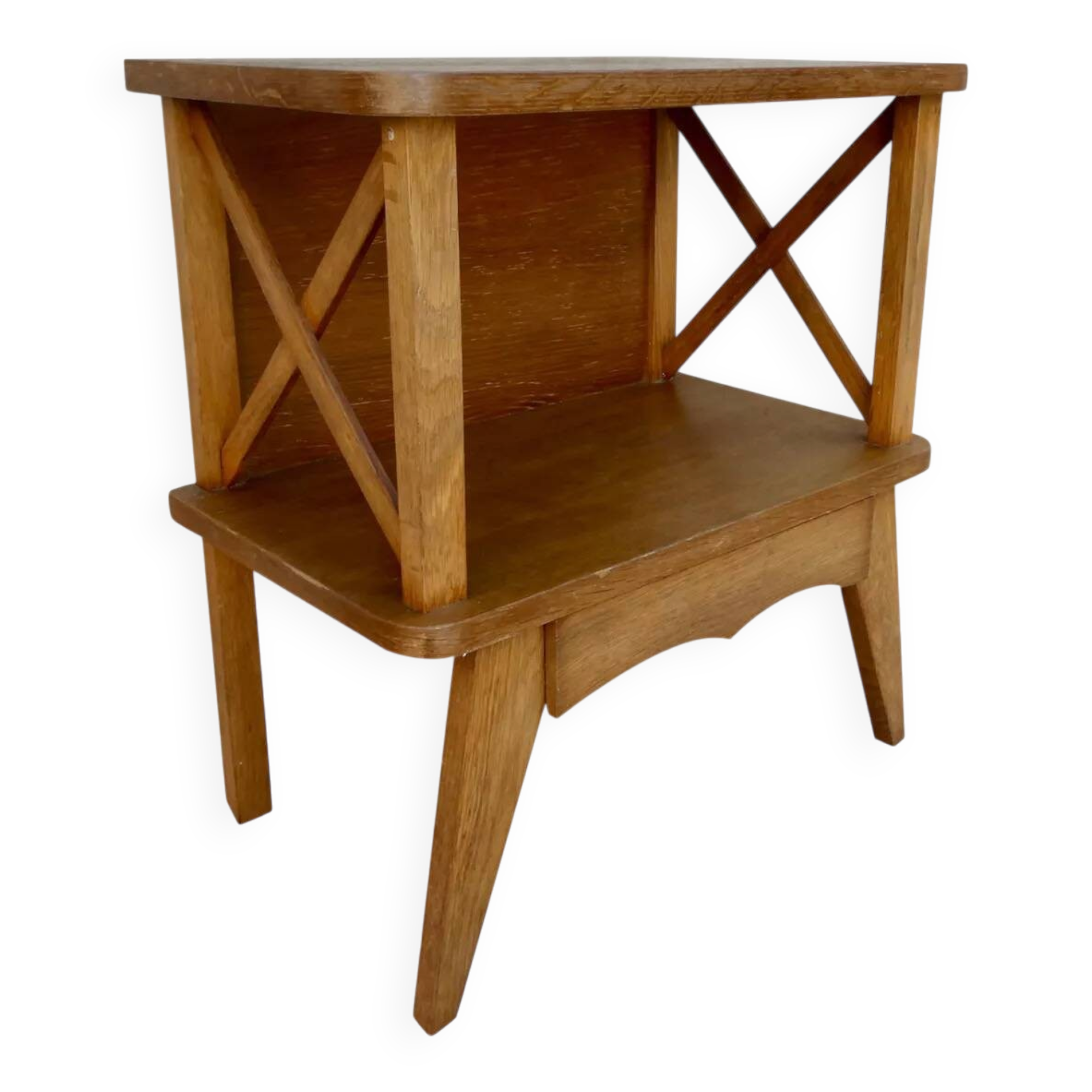 Light wood bedside table with crossbars, around 1960.