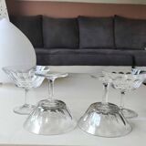 Lot.4. x Cut crystal champagne glasses. Baccarat style. Scale patterns. Multifaceted hexagonal foot