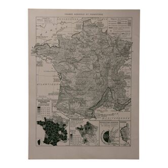 Lithographie originale sur la France (physique + agricole et forestière)