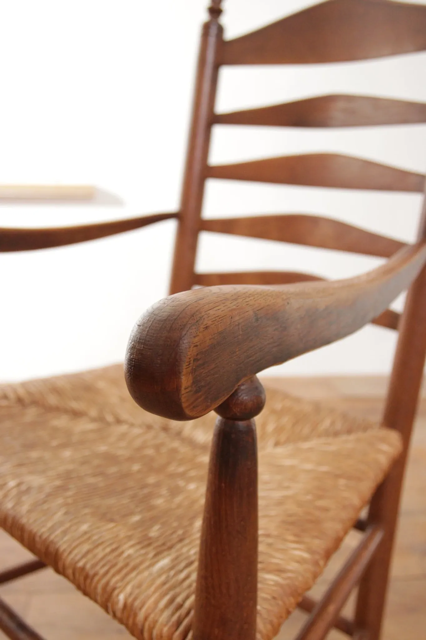 Dutch oak ladderback armchair with rush seat – 1950s