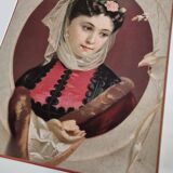 Chromolithographie originale de la fin du XIXe siècle, Les Quatre Saisons, l'hiver, encadrée