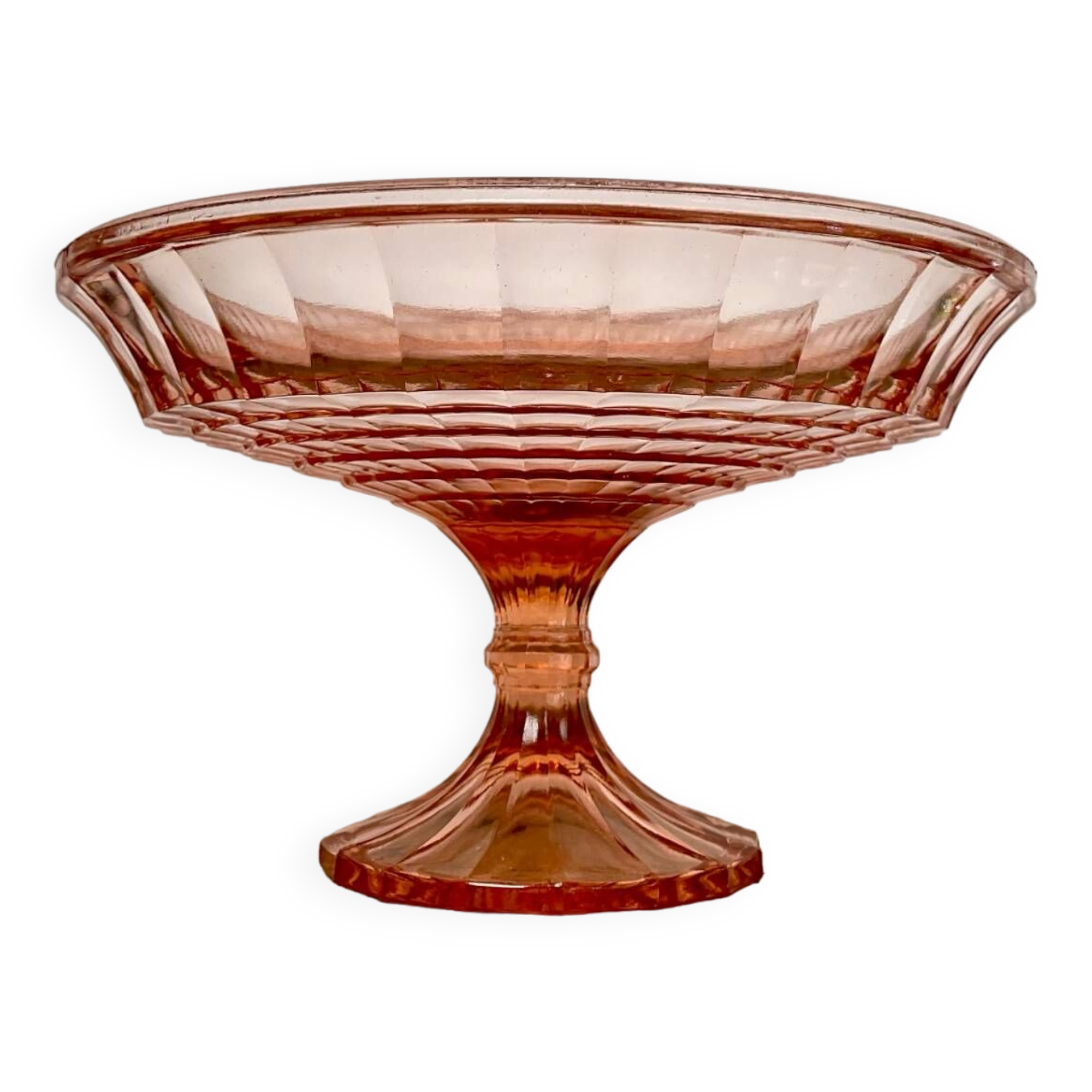 Pink glass cup, fruit bowl