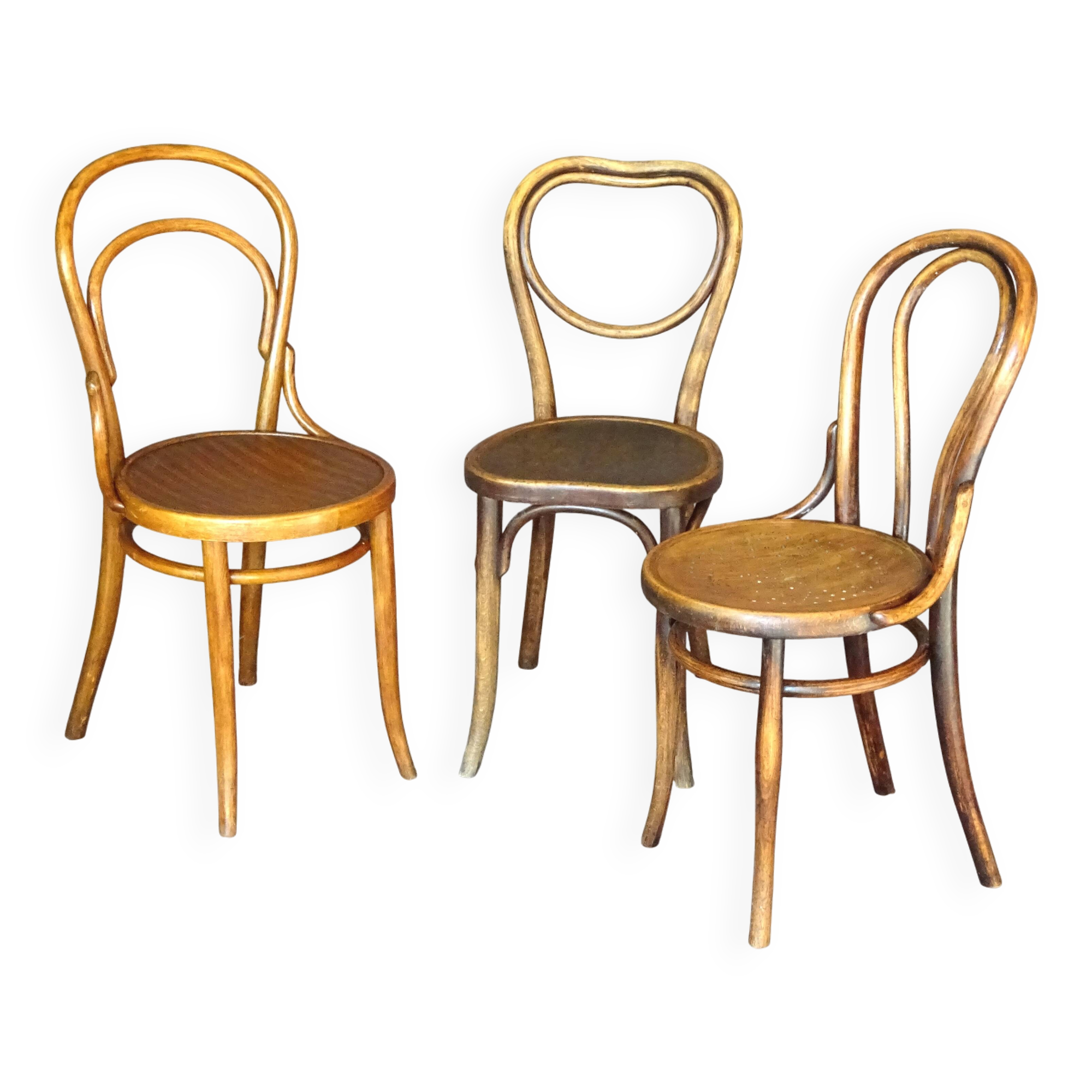 Set of 3 Bistro chairs with wooden seats, 1910 to 1920