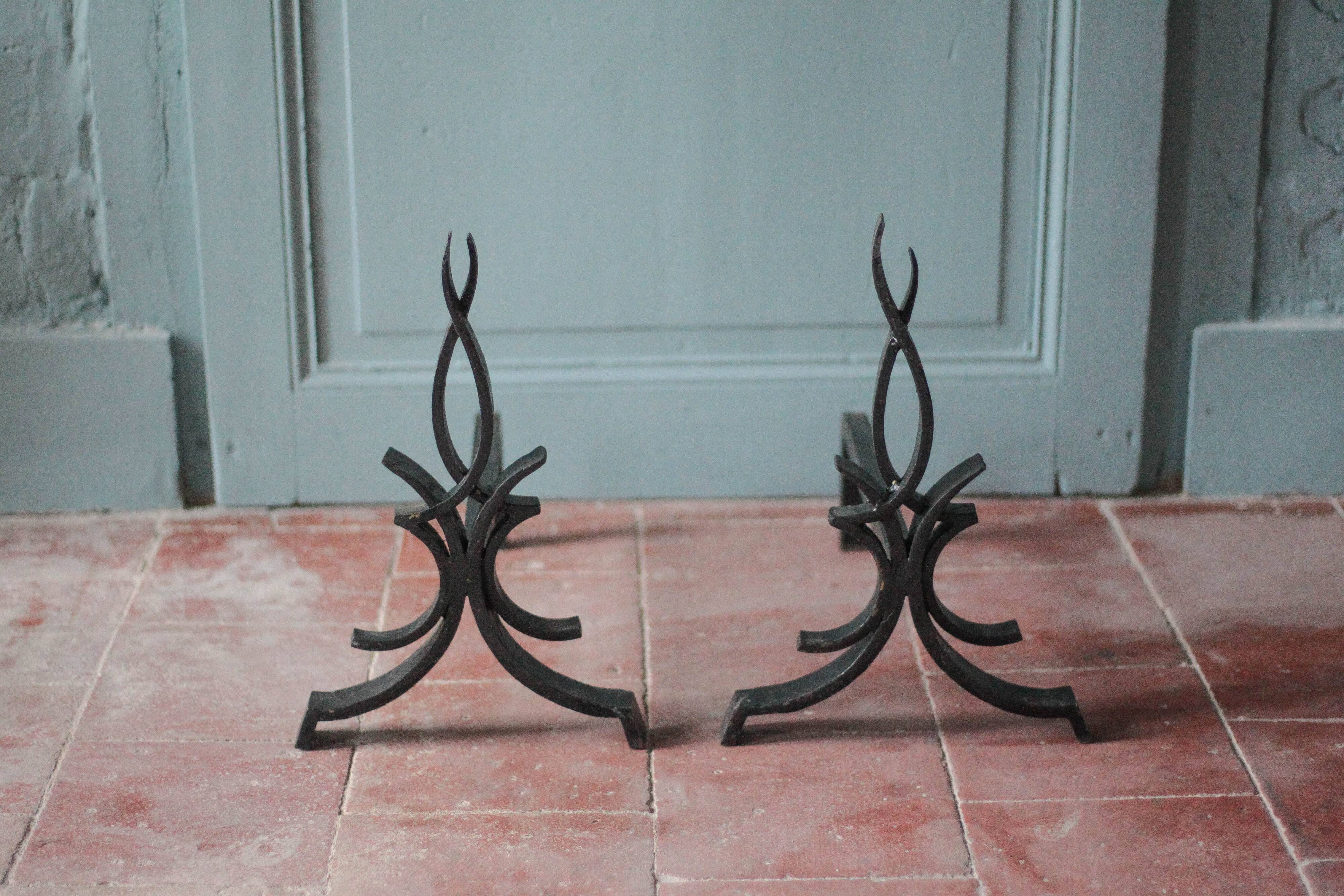 Fireplace andirons by Raymond Subes, flame model, brutalist andirons.