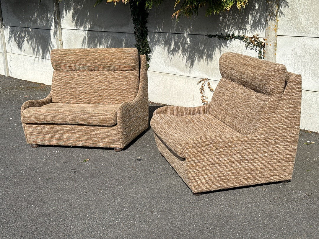 Fauteuil convertible vintage en tissu beige et marron