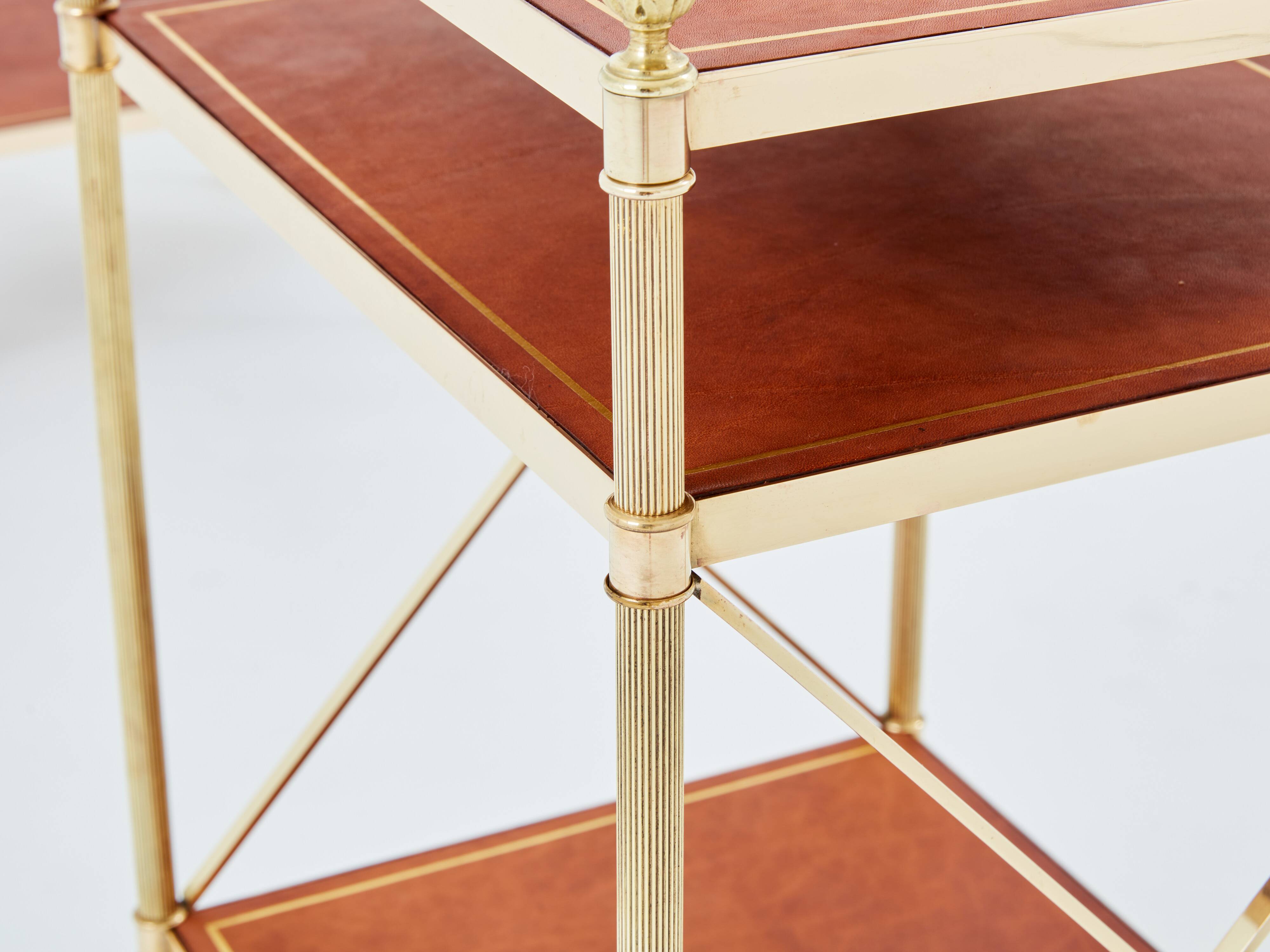 Pair of neoclassical brass leather side tables style Maison Jansen 1970