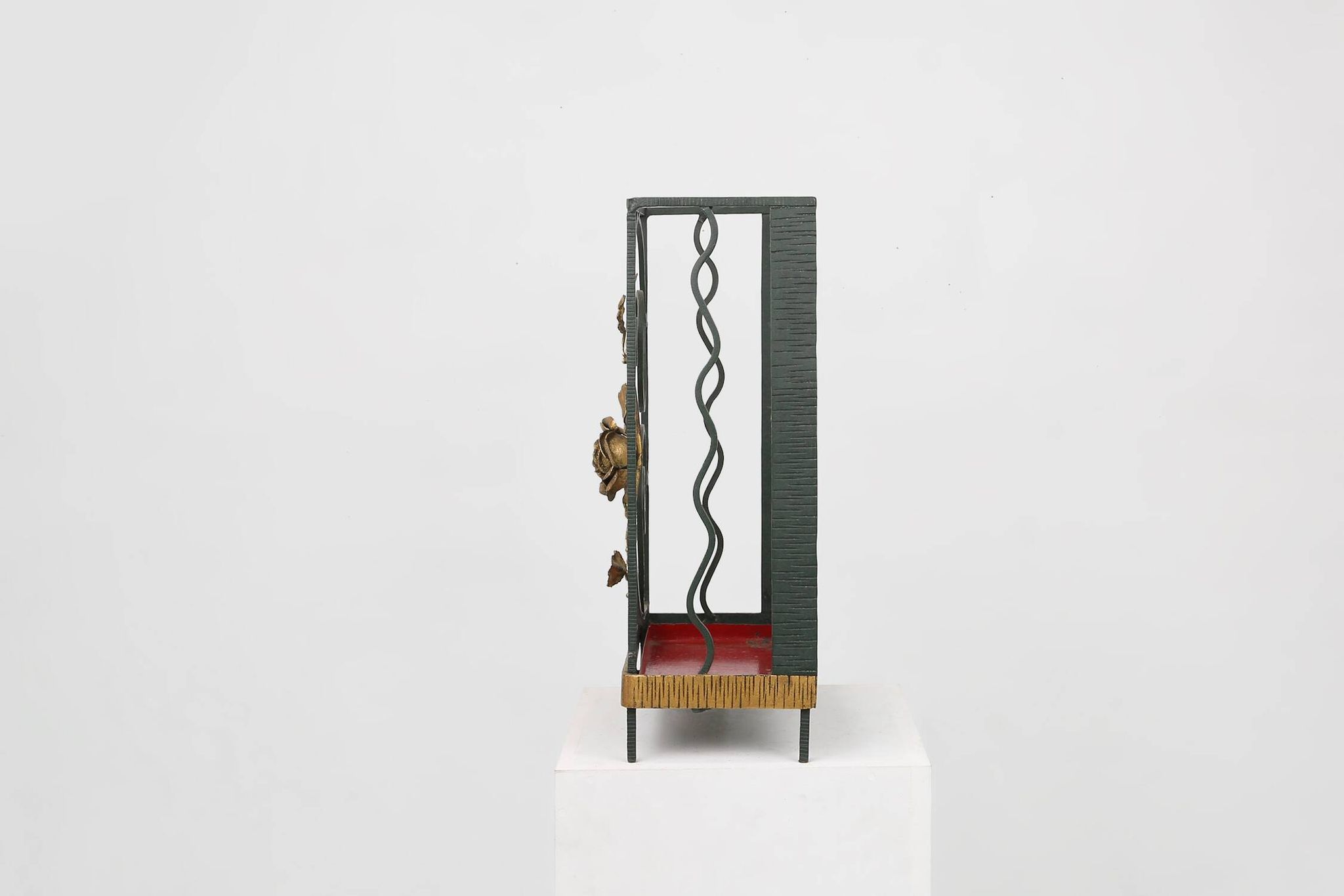 Art deco wrought iron umbrella stand with floral decoration, France ca. 1930