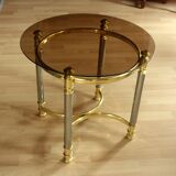 Table basse ronde de style Hollywood Regency, table d’appoint, en métal avec une plaque de verre fumé