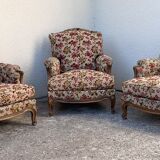 Antique Louis XV style shepherdess armchair in floral flocked fabric