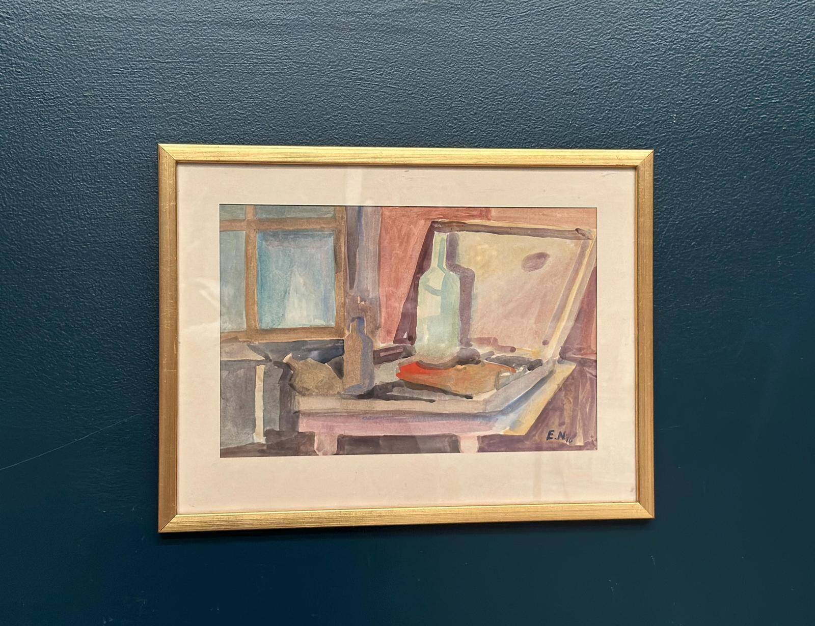 Original Swedish Watercolour On Paper – “Bottle And Window” By Eli Nybo – Dated 1976 – Vintage & Framed