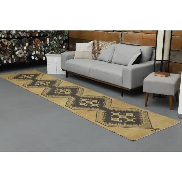 Vintage Turkish Hand-Knotted Wool Cotton Brass Runner Rug 95x432