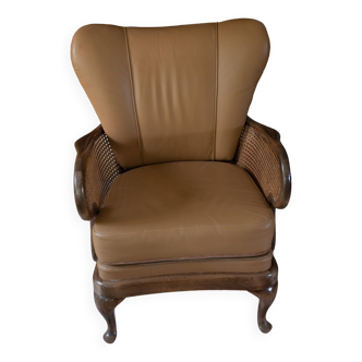 Chippendale cane and leather armchair, high back