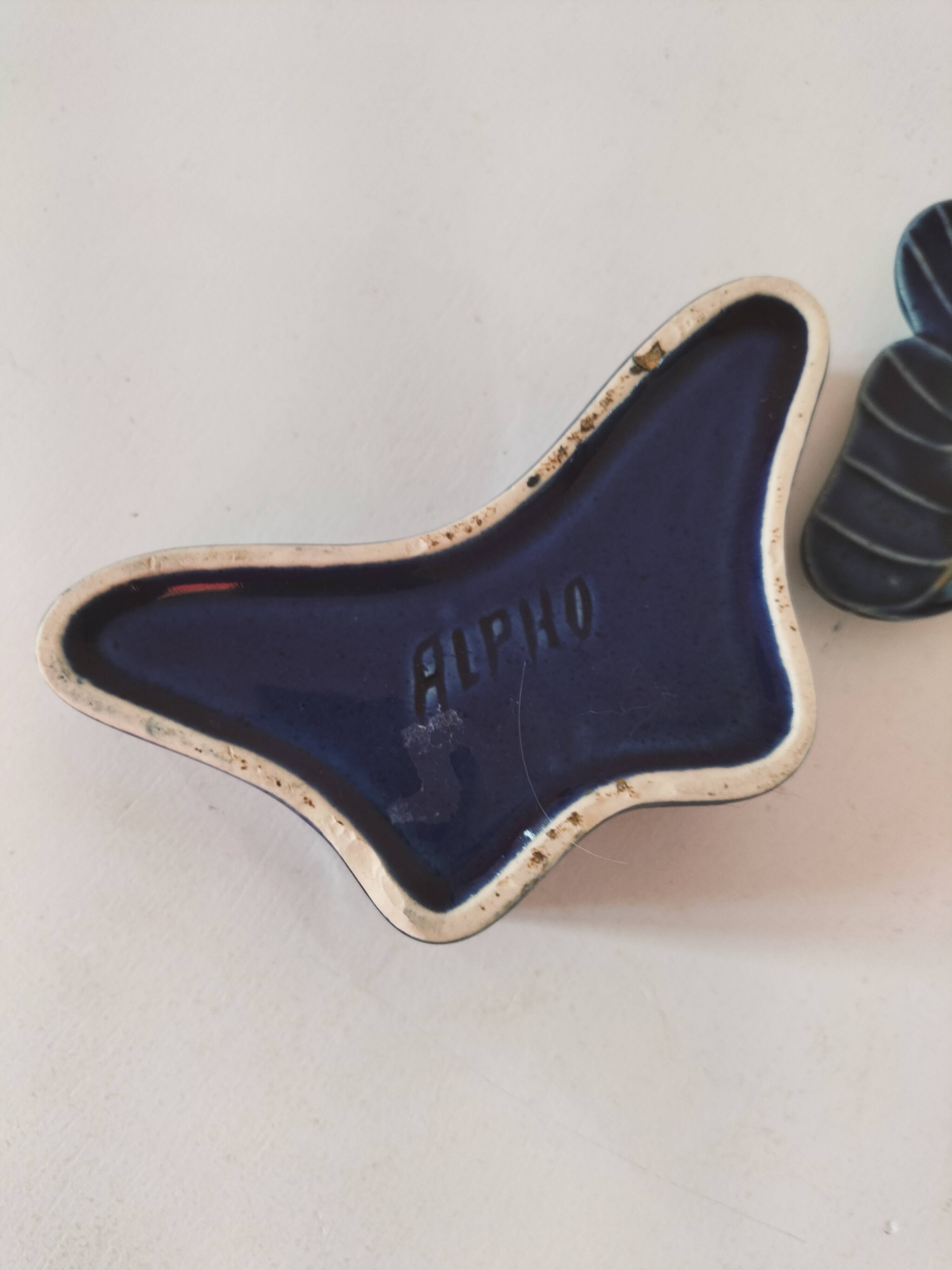 Vintage blue enameled ceramic butterfly box signed alpho