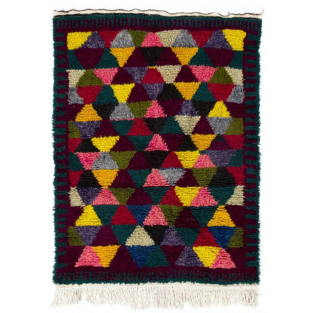 Colorful Vintage Hand-Knotted Turkish Tulu Rug with Geometric Triangle Design, 100% Wool