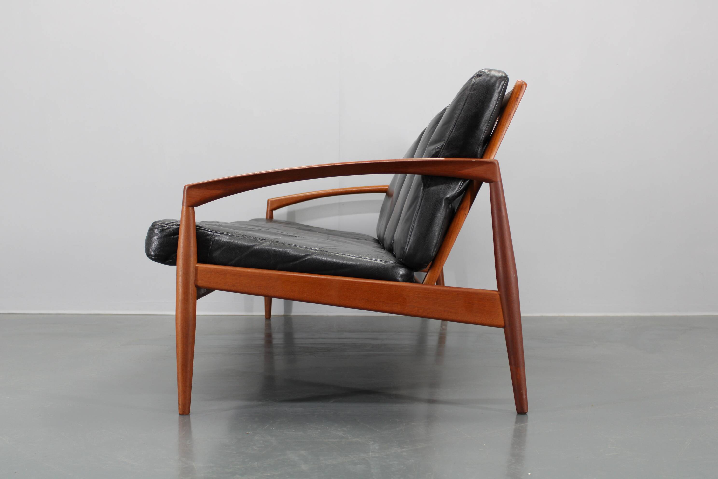 1960s Kai Kristiansen Paper Knife 3-Seater Teak Sofa in Leather , Denmark