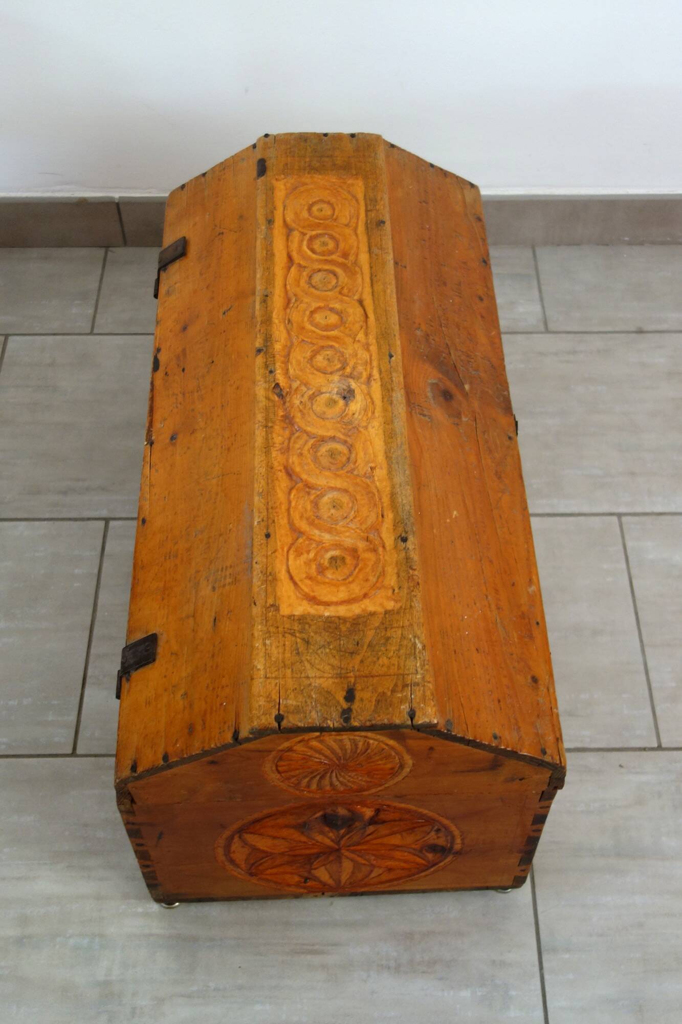 Old carved pine chest, Hautes Alpes folk art