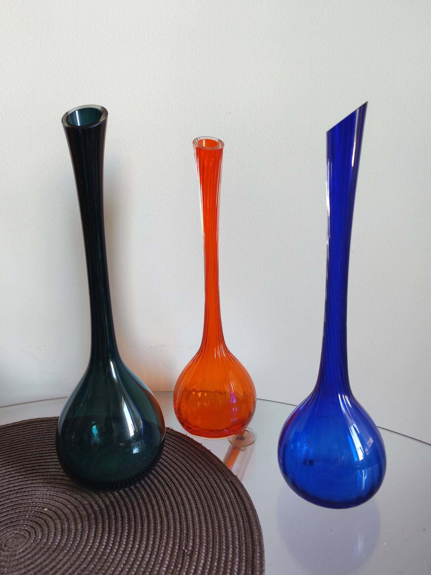 Set of 3 Scandinavian and Polish glass bottle vases from the 1970s.