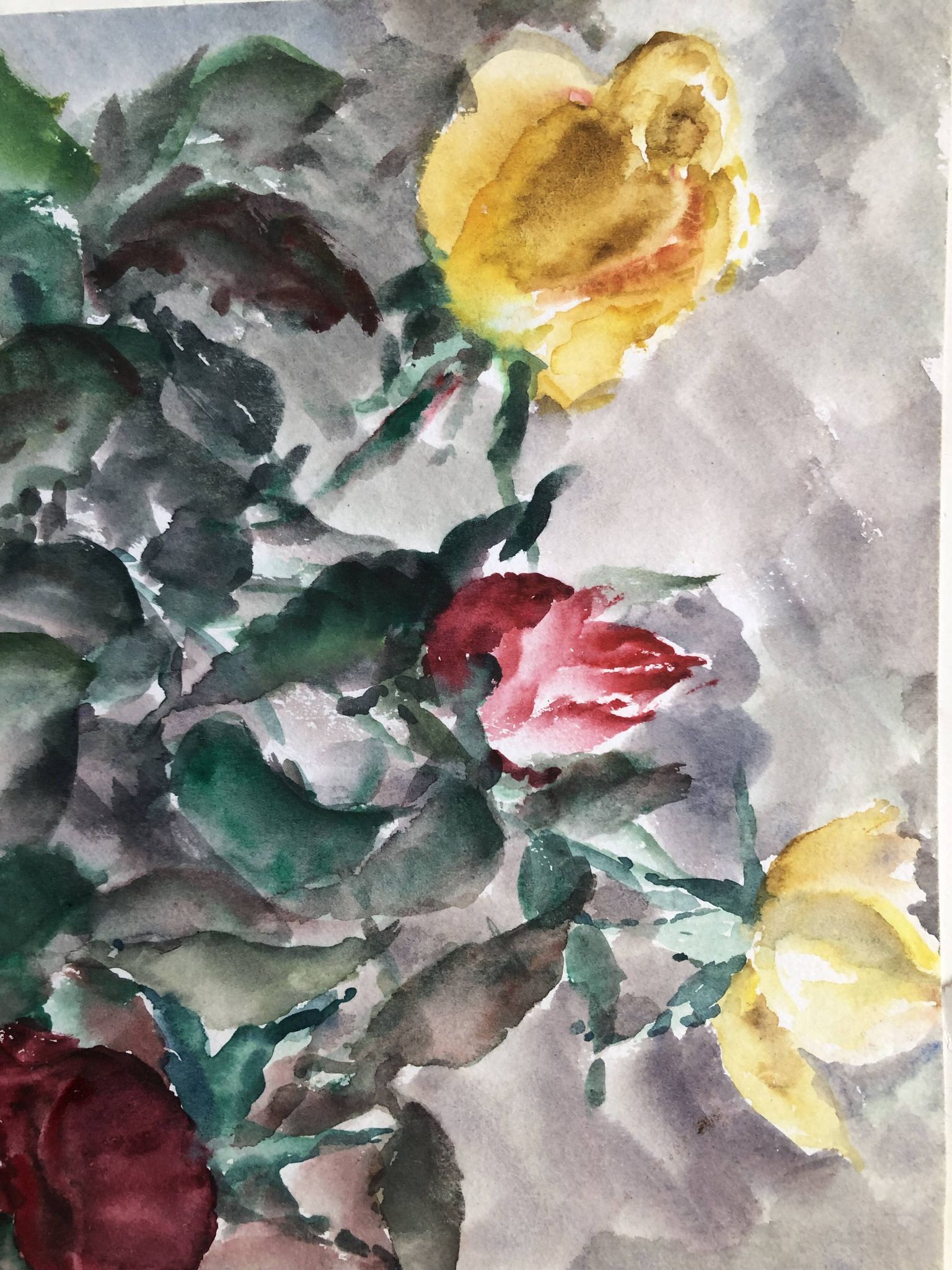 Watercolor signed godeau: pink flowers in glass vase, figurative, painting on paper without frame