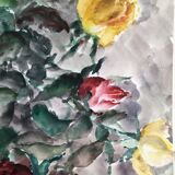 Watercolor signed godeau: pink flowers in glass vase, figurative, painting on paper without frame