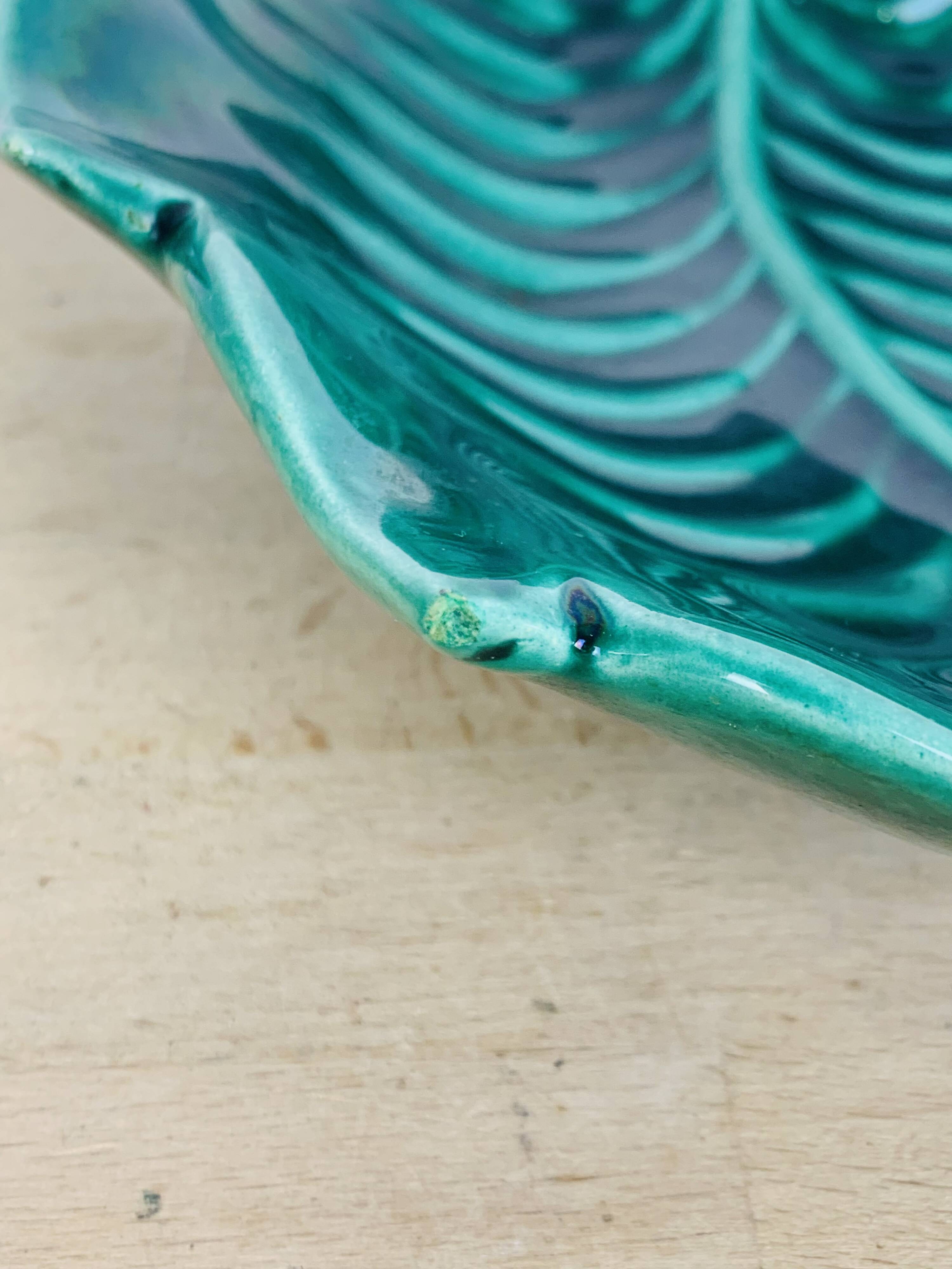 Ceramic cup signed CAB, green leaf, 1950s, slip