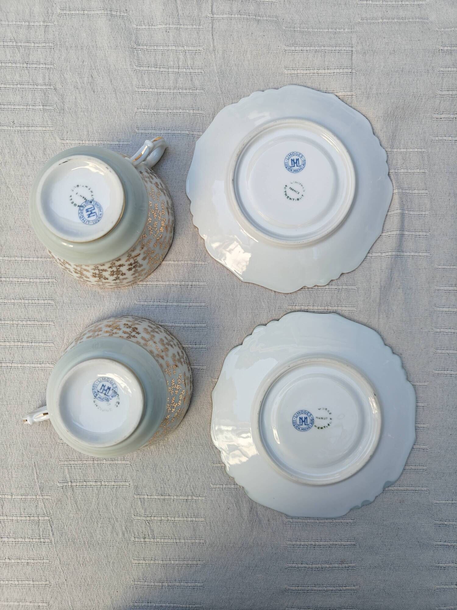 Duo of tea cups and saucers Limoges Lucien Michelaud - Green porcelain
