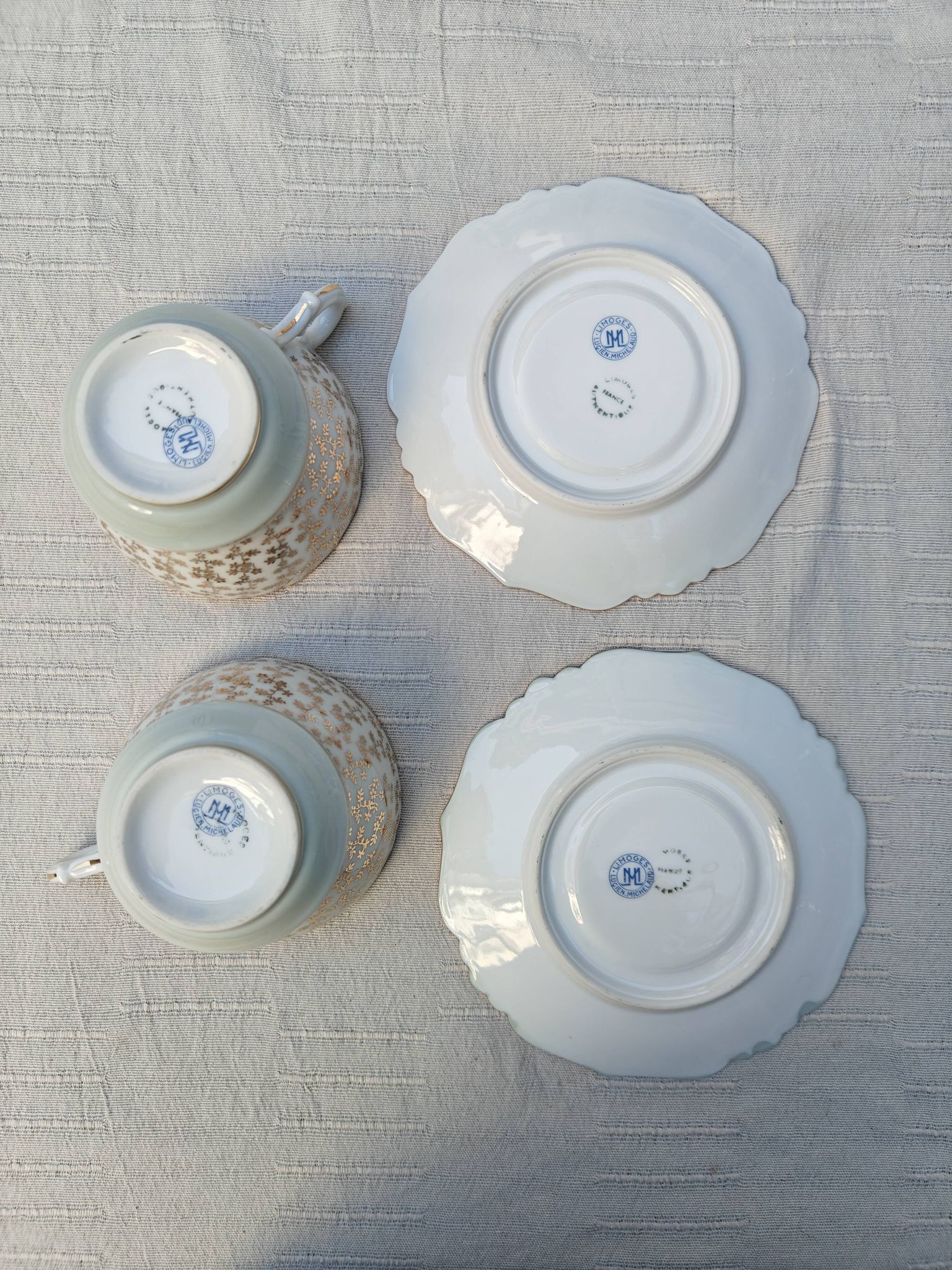 Duo of tea cups and saucers Limoges Lucien Michelaud - Green porcelain