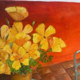 Still life with flowers, bread, apples and chair, signed