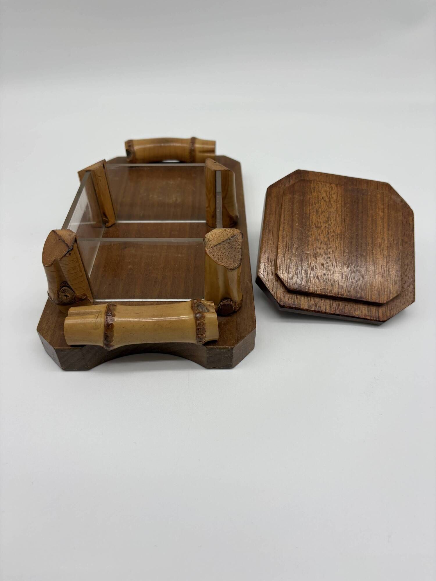 Vintage butter dish in wood, glass and bamboo – 1960s