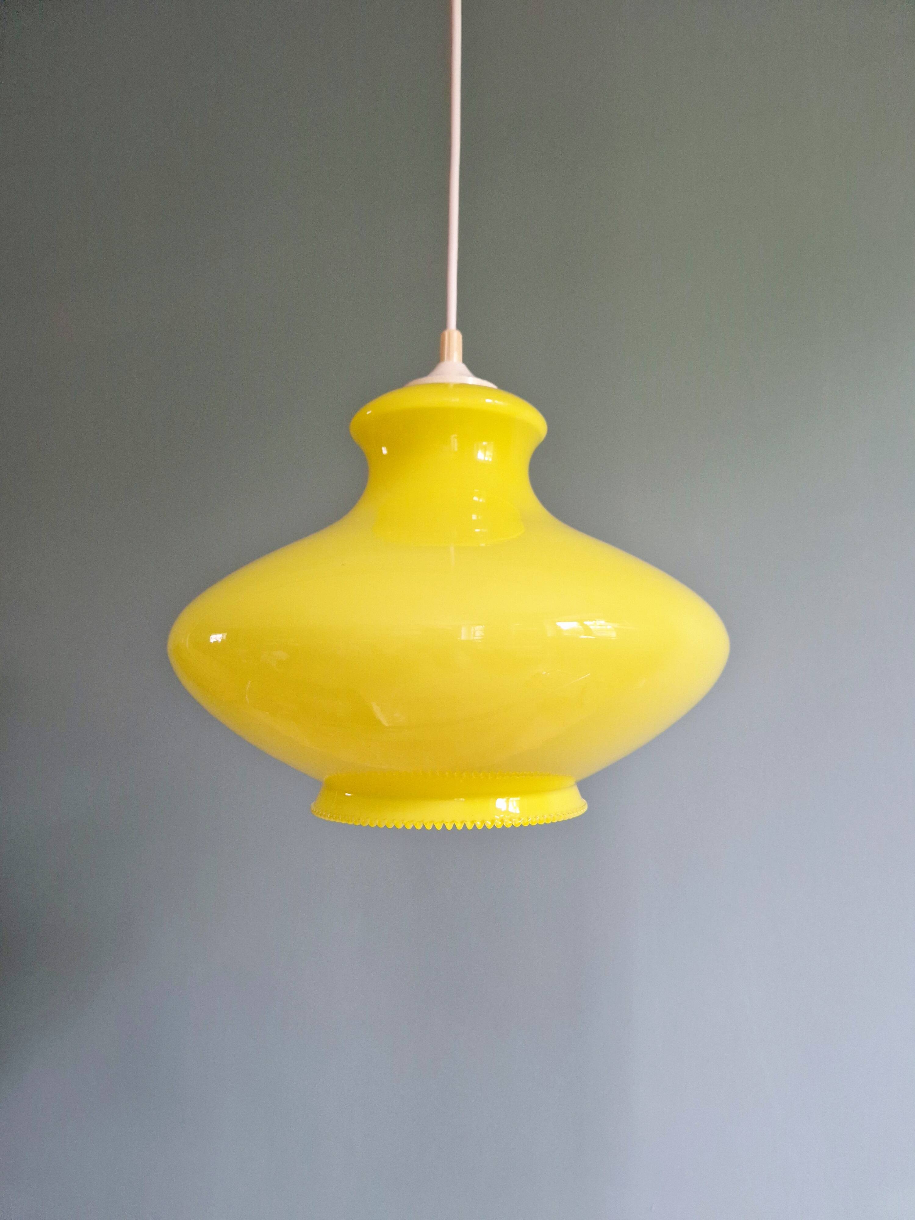 Vintage yellow opaline pendant light, 70s