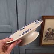 Antique footed dish – blue floral decoration – St Amandinoise