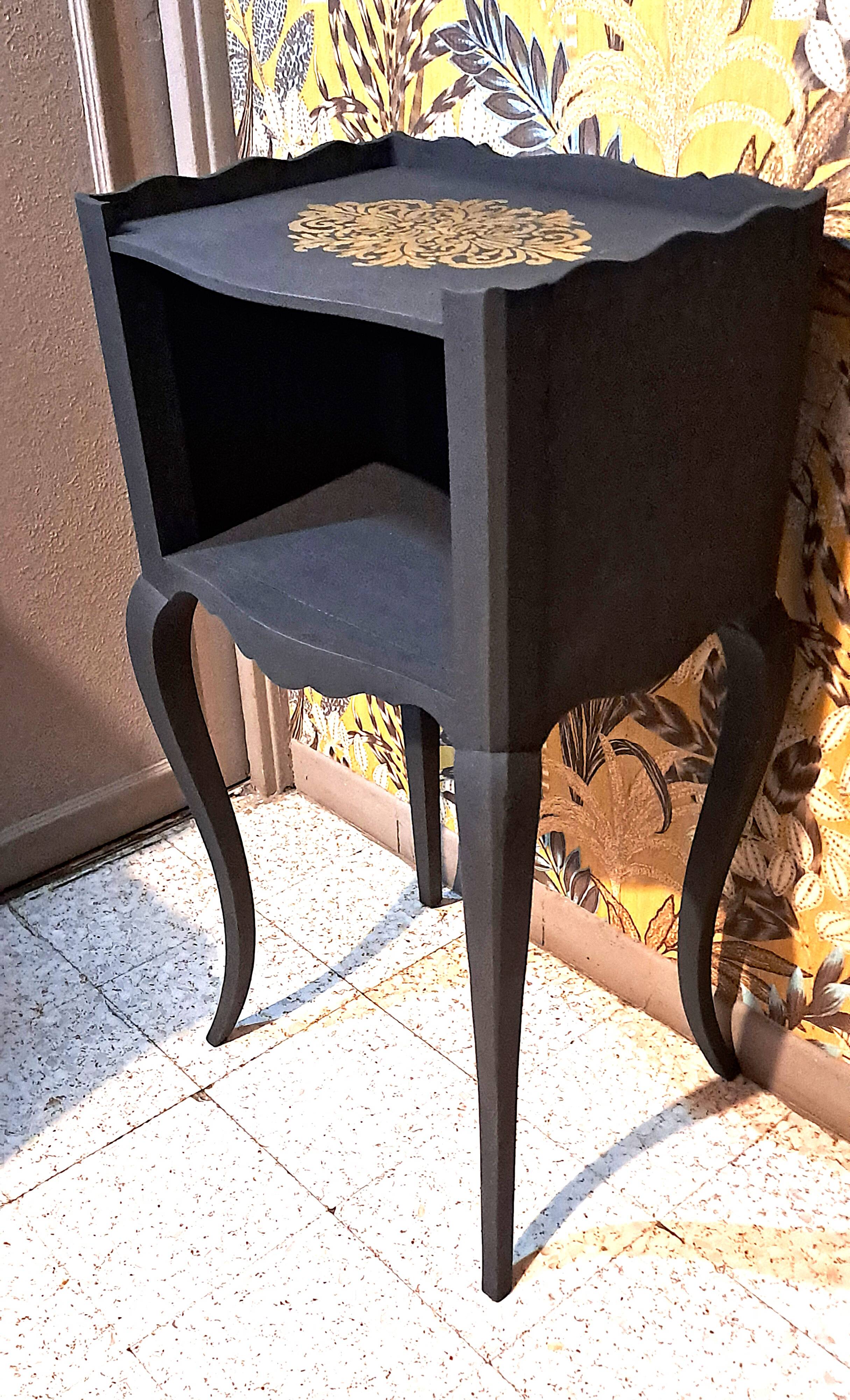 1930 bedside table, repainted wood in black with a golden rose motif.