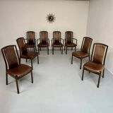 Set of 8 wooden and thick leather armchairs, Girsberger design, 80s