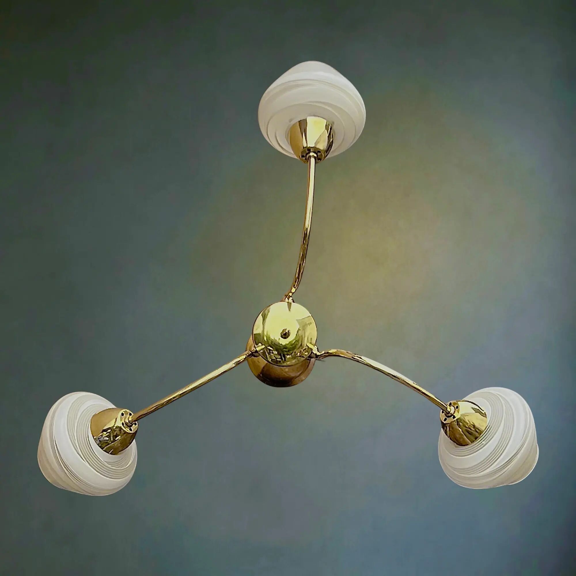 Three-light chandelier in brass and striated opaline glass – 1950s-60s